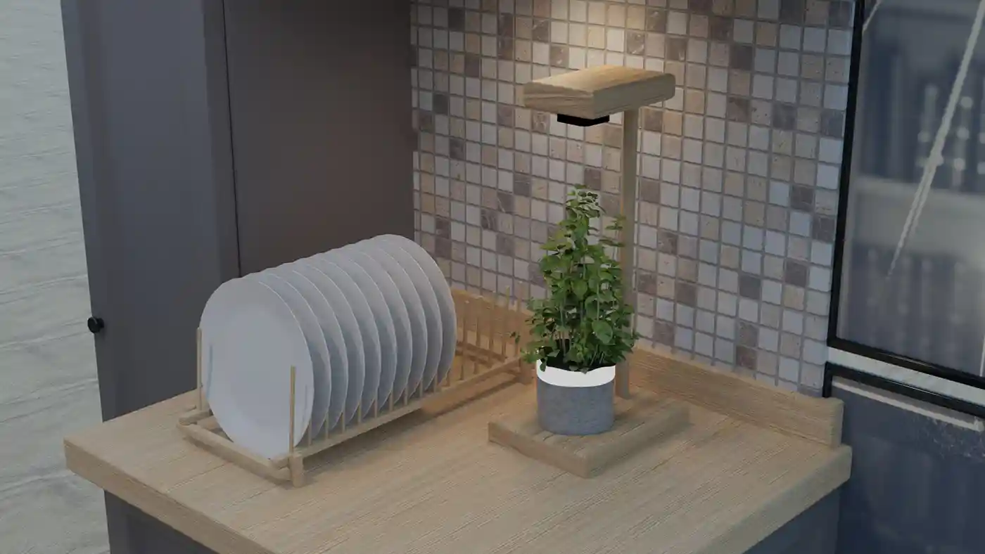 Grow Light with stand and plant on Counter - 3D Render